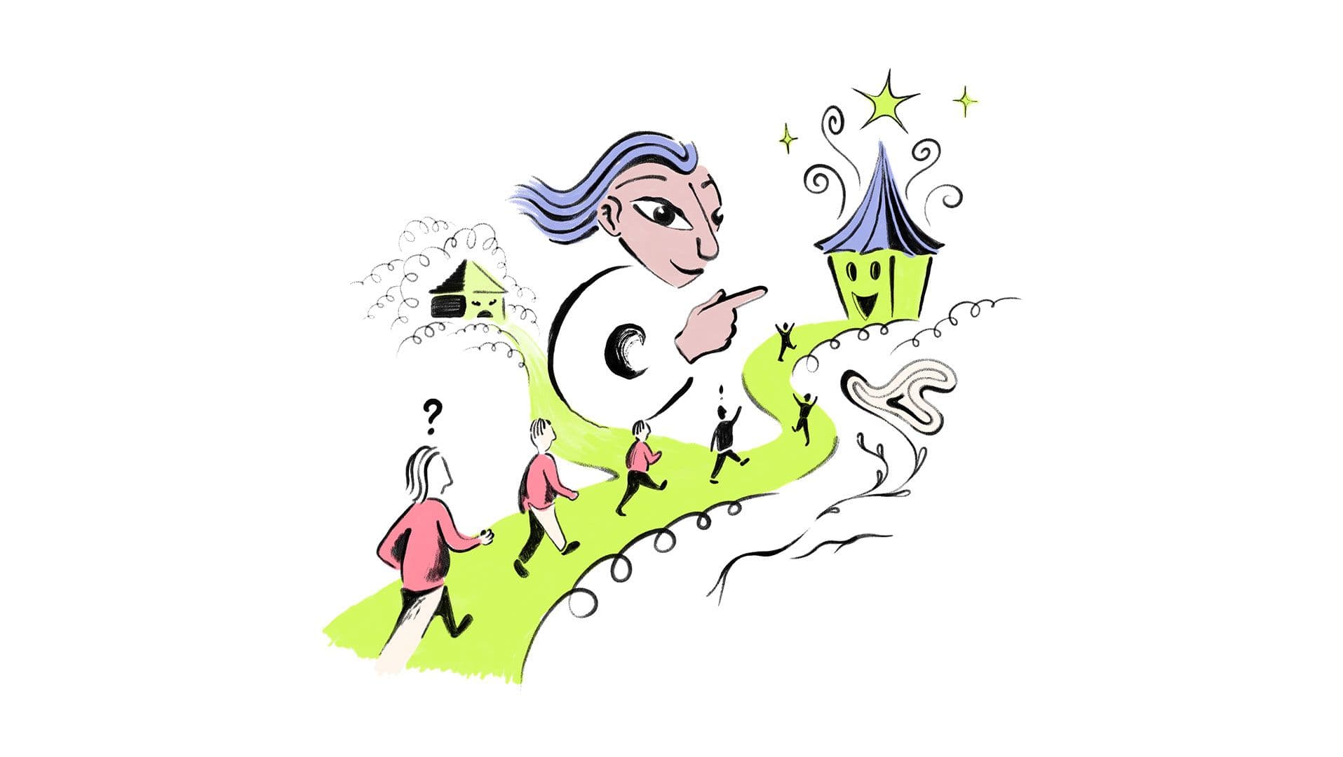 En illustration som visar personer som blir vägledda i rätt riktning när de står inför ett vägval.
